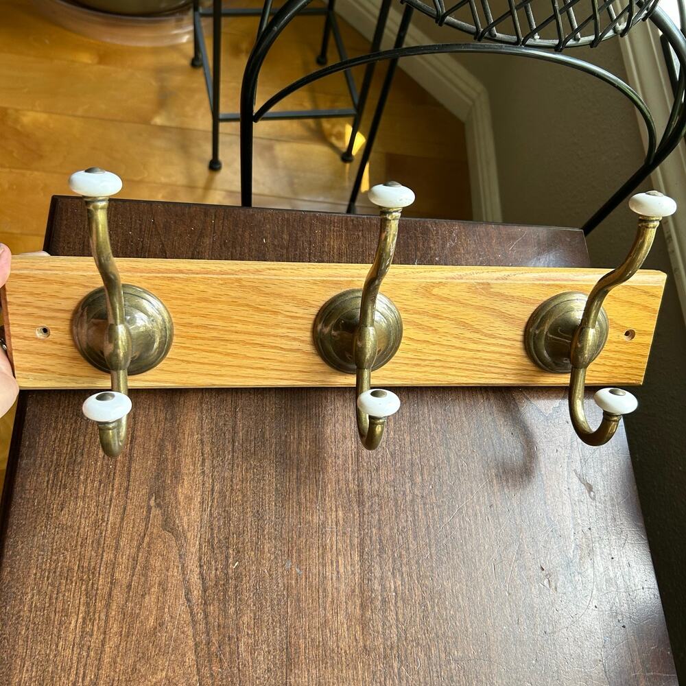 18-inch Liberty Hardware hook rail oak large C&H hooks brass & enamel